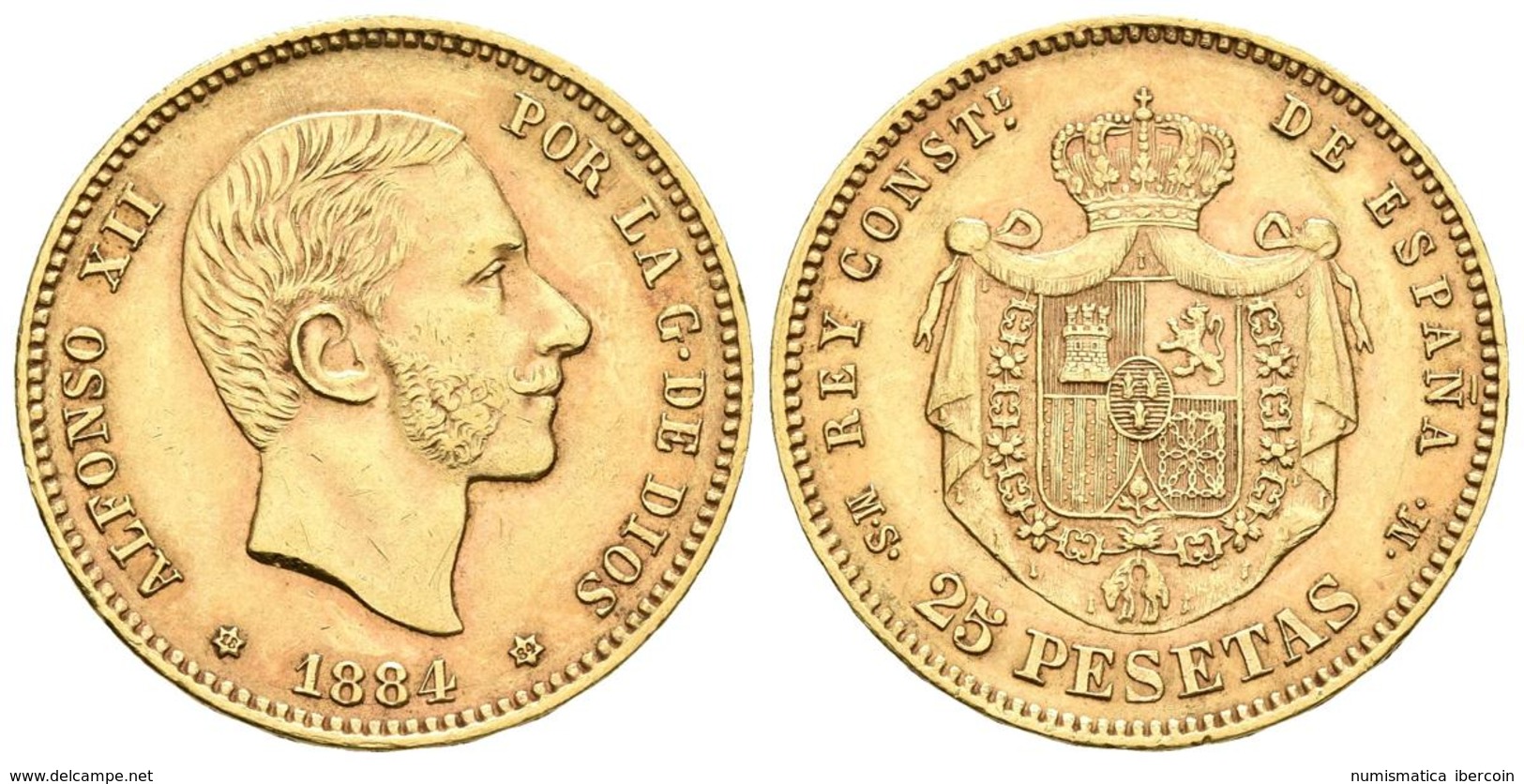 ALFONSO XII. 25 Pesetas. 1884 *18-84. Madrid MSM. Cal-19. Au. 8,04g. MBC+. Escasa. - Otros & Sin Clasificación