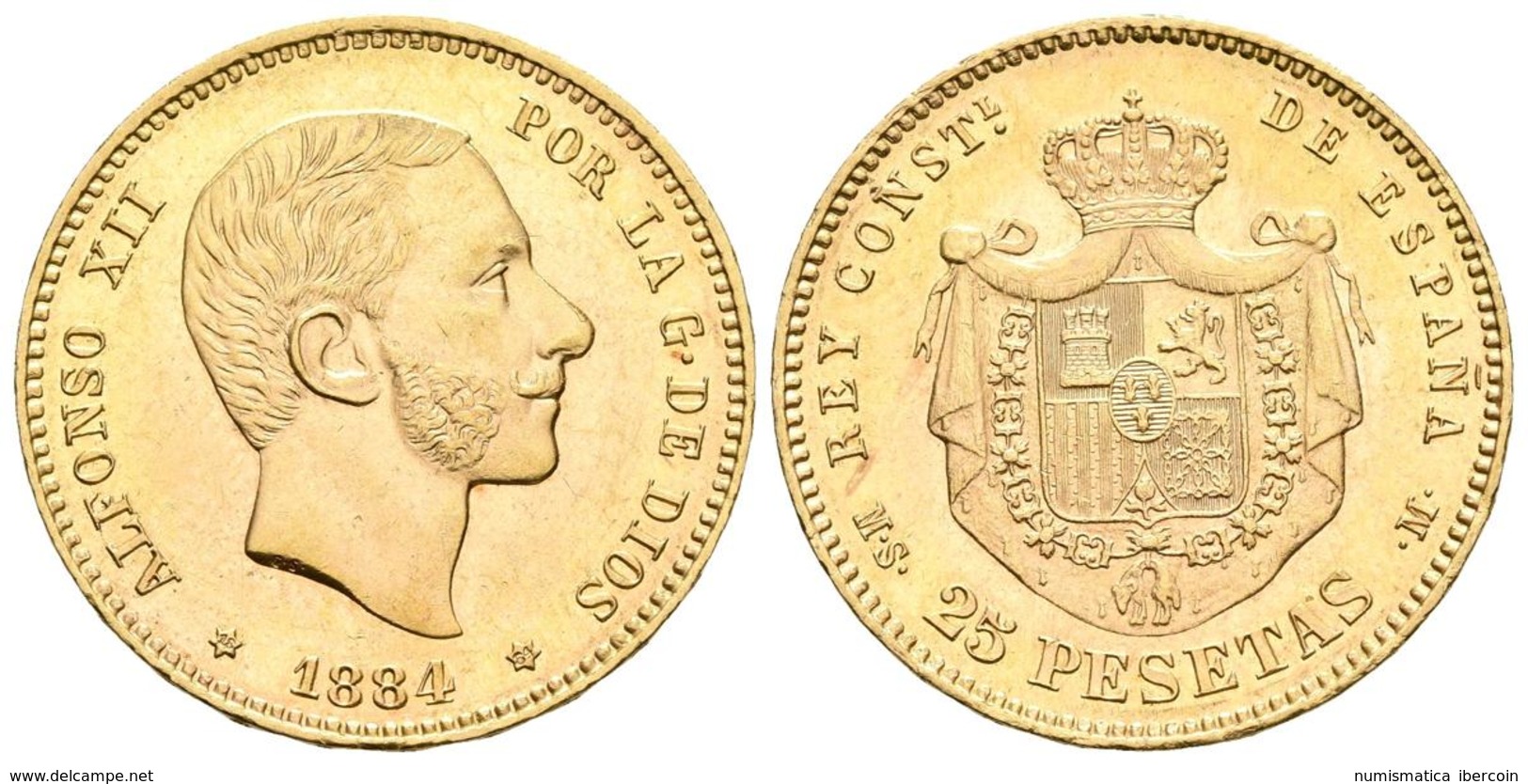 ALFONSO XII. 25 Pesetas. 1884 *18-84. Madrid MSM. Cal-19. Au. 8,06g. Raya En Anverso. EBC-. Escasa. - Other & Unclassified