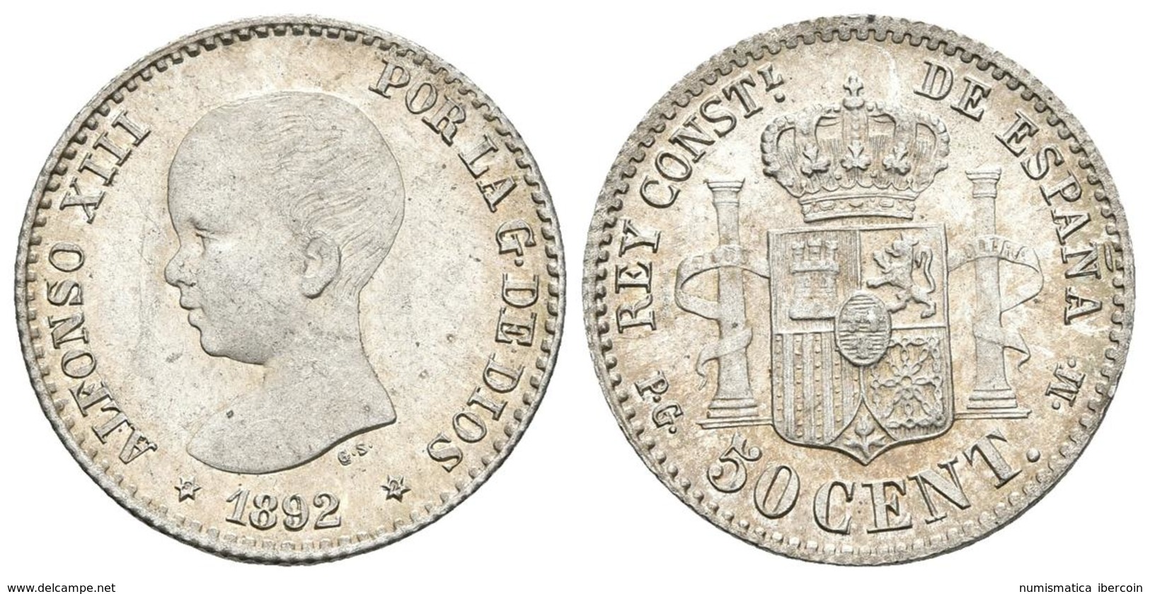 ALFONSO XIII. 50 Céntimos. 1892 *9-2. Madrid PGM. Cal-55. Ar. 2,49g. SC-. - Autres & Non Classés