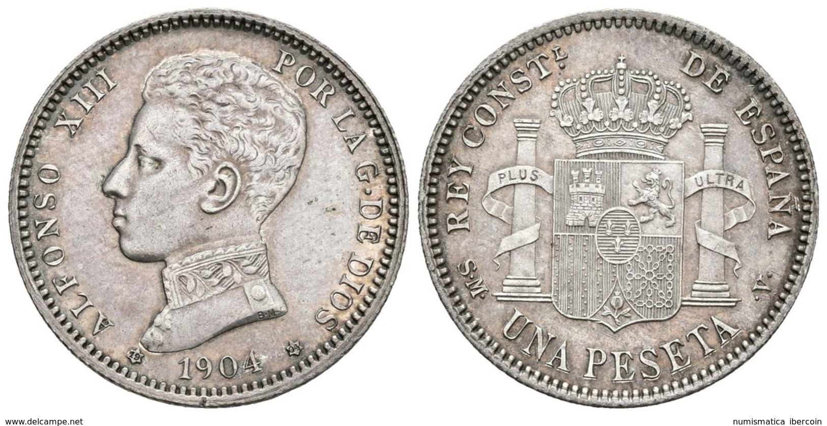 ALFONSO XIII. 1 Peseta. 1904 *19-04. Madrid SMV. Cal-50. Ar. 5,00g. Preciosa Pátina. EBC. - Autres & Non Classés