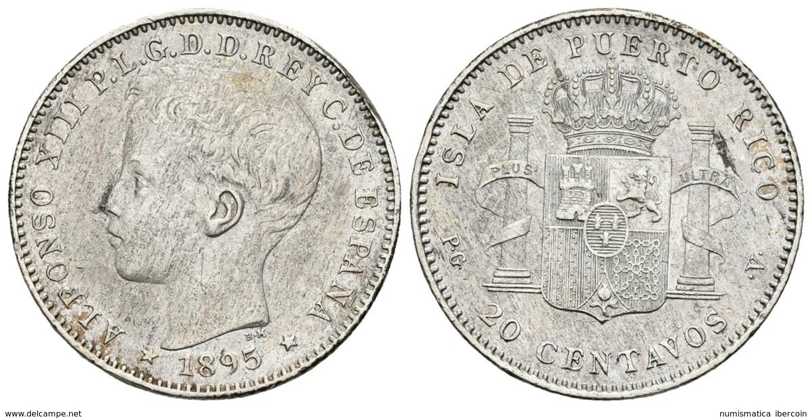 ALFONSO XIII. 20 Centavos. 1895. Puerto Rico PGV. Cal-84. Ar. 4,96g. Limadura En El Canto. MBC+. - Otros & Sin Clasificación