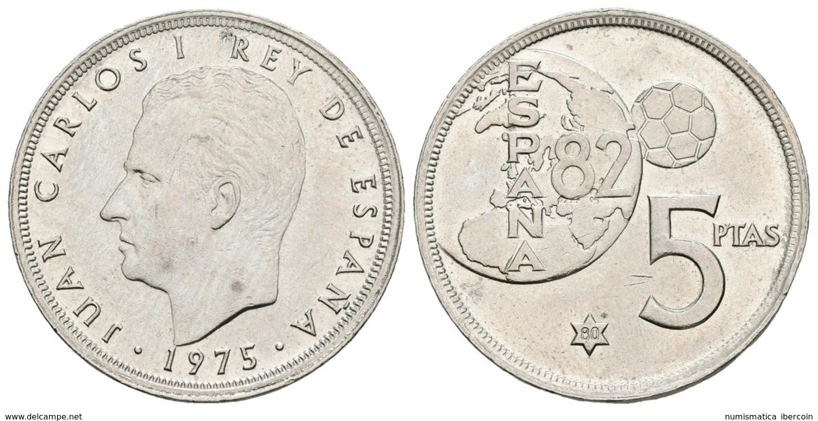 JUAN CARLOS I. 5 Pesetas. 1975 *80. ERROR Del Mundial. Cal-124. Cu-Ni. 5,73g. Golpe En Anverso. EBC-/MBC+. - Otros & Sin Clasificación