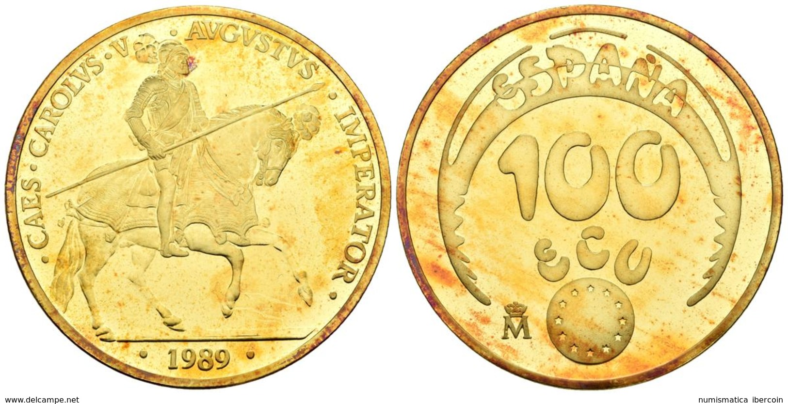 JUAN CARLOS I. 100 Ecu. 1989. Carlos V. Au. 34,76g. Presentado En Estuche Oficial Con Manchas De Pátina. PROOF. - Otros & Sin Clasificación