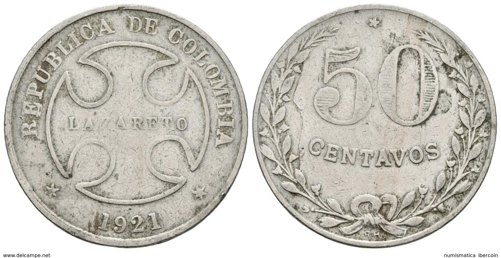 COLOMBIA. 50 Centavos. 1921. Bogotá. Leprosario-Lazareto. Km#L13. Ni. 9,98g. MBC. Escasa. - Autres & Non Classés