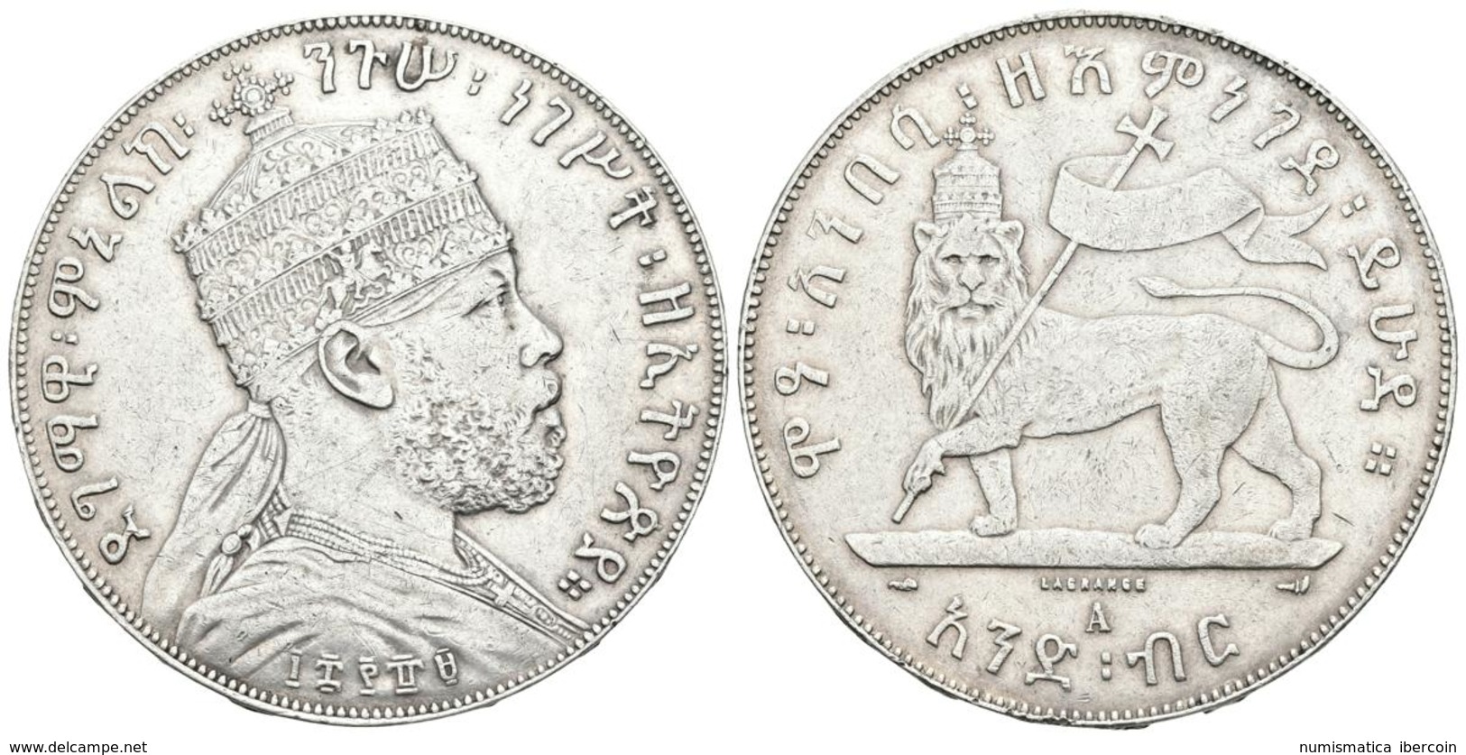 ETIOPIA. Menelik II. 1 Birr. 1895. Paris A. Km#19. Ar. 28,10g. MBC+. - Other & Unclassified