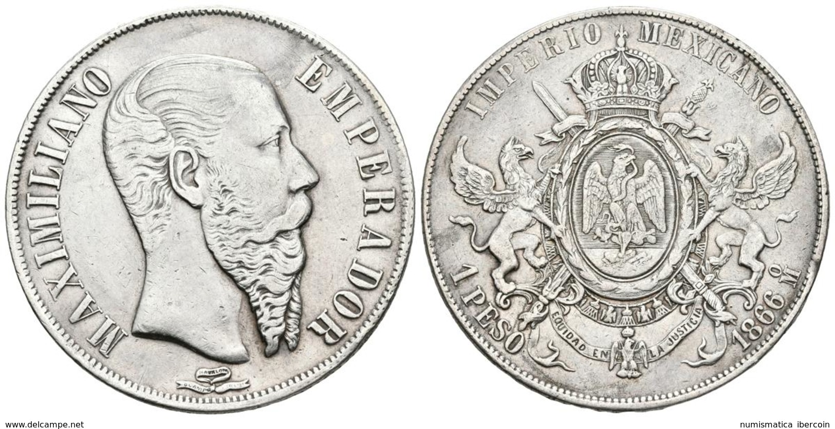 MEXICO. Maximiliano. 1 Peso. 1866. México. Km#388.1. Ar. 26,82g. MBC+. - Otros & Sin Clasificación