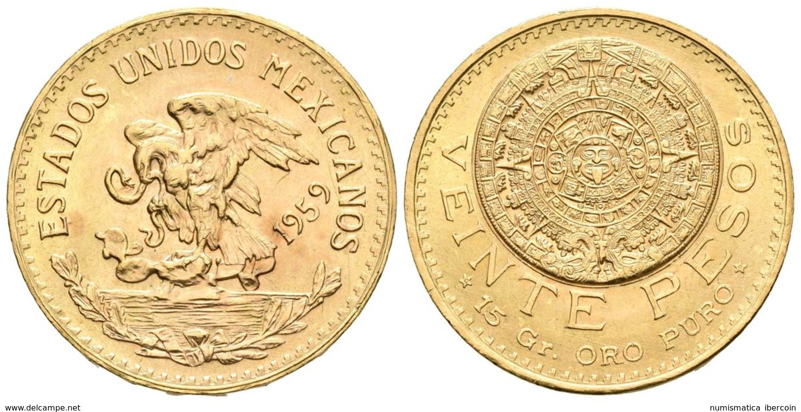 MEXICO. 20 Pesos. 1959. Mº (México). Calendario Azteca. Km# 478; Fr-171r. Au. 16,62g. Marquitas En Anverso. EBC-. - Autres & Non Classés