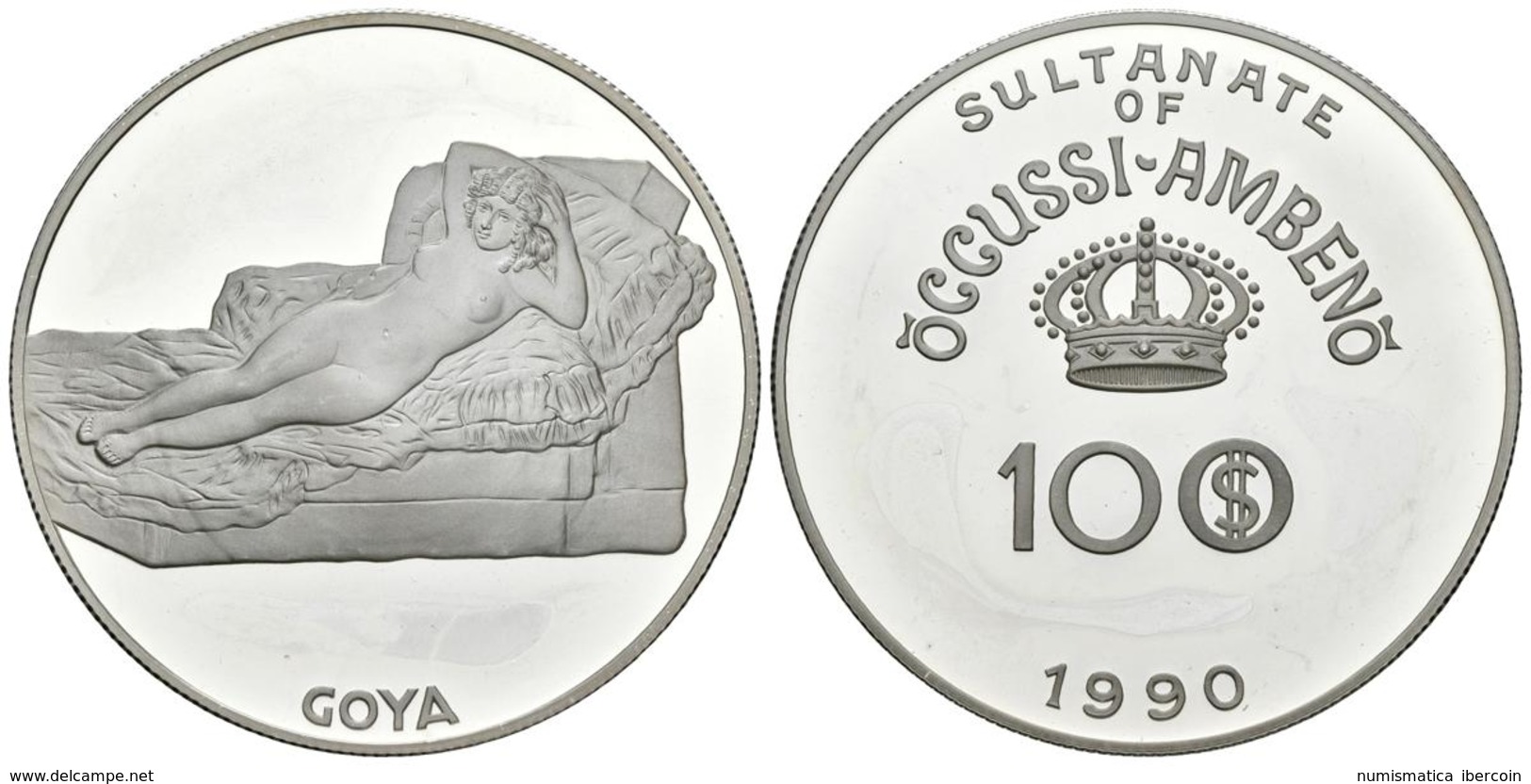 OCCUSSI-AMBENO. 100 Dollars. 1990. Maja Desnuda De Goya. Ar. 31,17g. PROOF. - Otros & Sin Clasificación