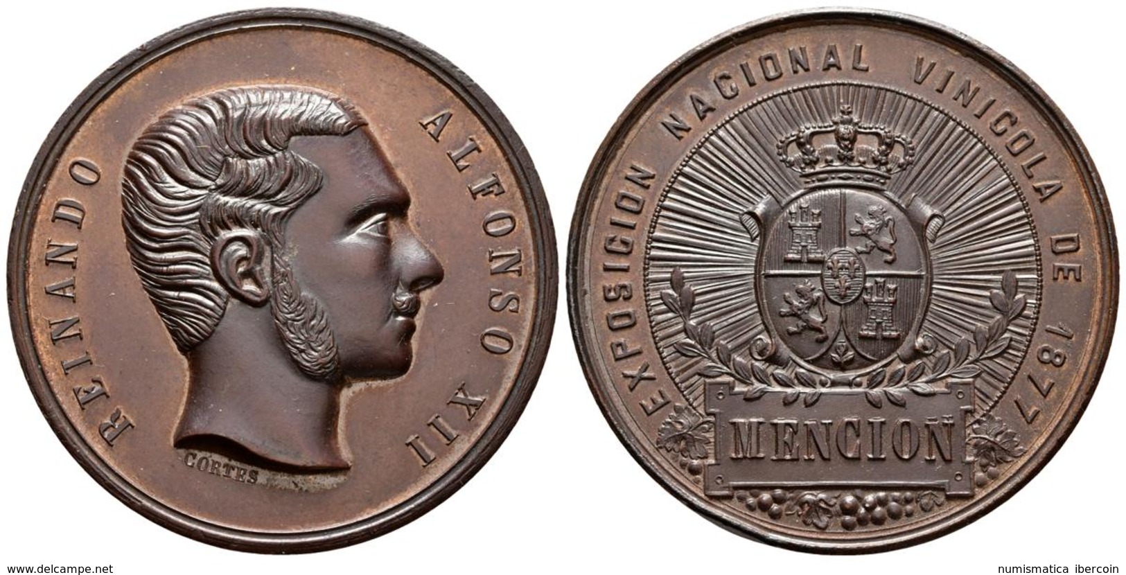 ALFONSO XII. Exposición Nacional Vinícola. 1877. Mención. Grabador: Cortés. V-473. Br. 36,30g.  41mm. Presentada En Estu - Other & Unclassified