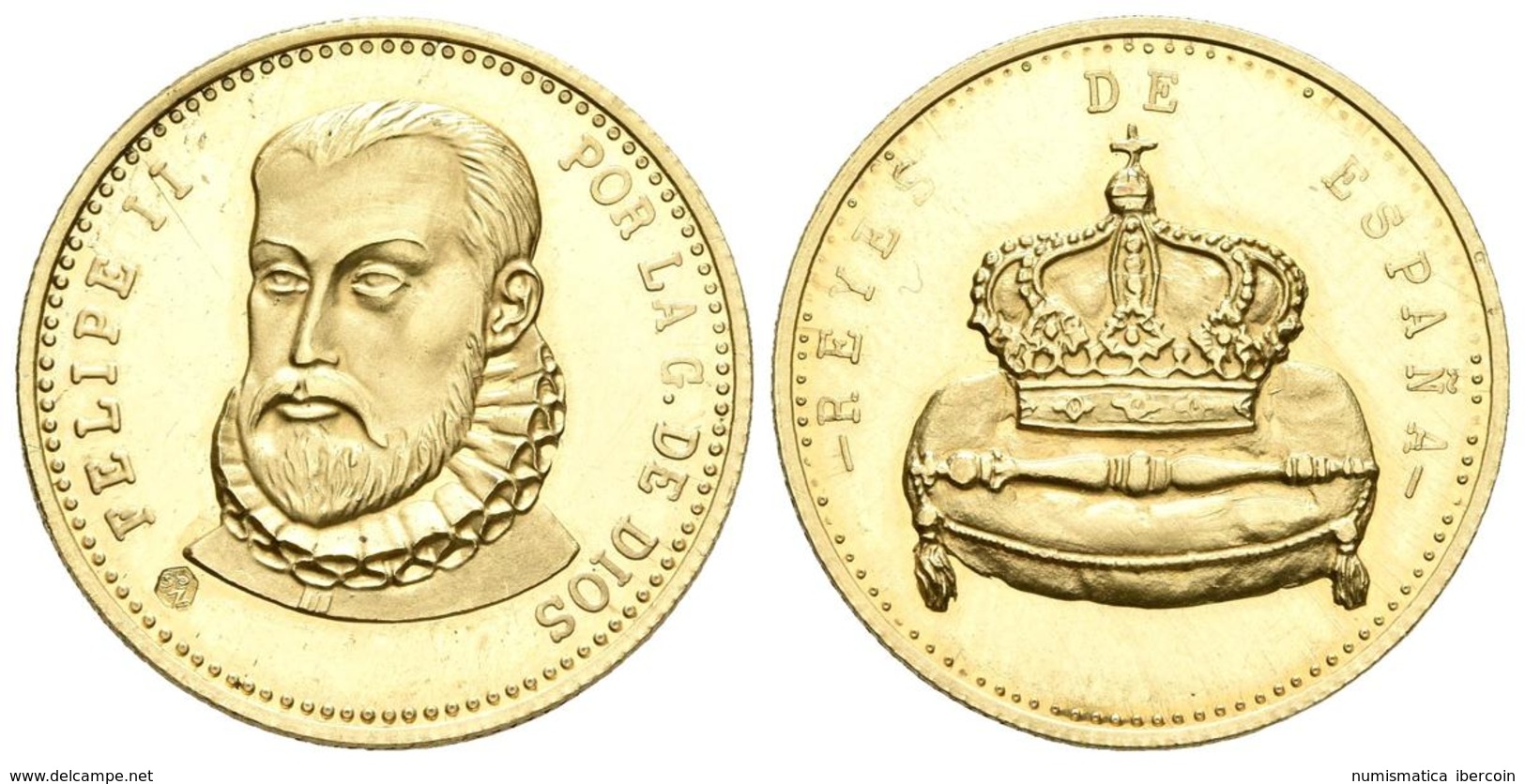 REYES DE ESPAÑA. Medalla. FELIPE II POR LA GRACIA DE DIOS. Au. 5,80g. 22mm. SC. - Autres & Non Classés