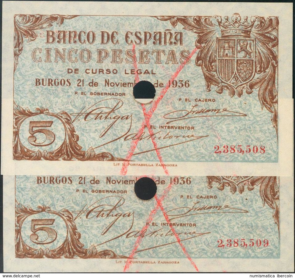 Conjunto De 2 Billetes De 5 Pesetas Con Numeración Correlativa Emitidos El 21 De Noviembre De 1936, En Burgos E Inutiliz - Other & Unclassified