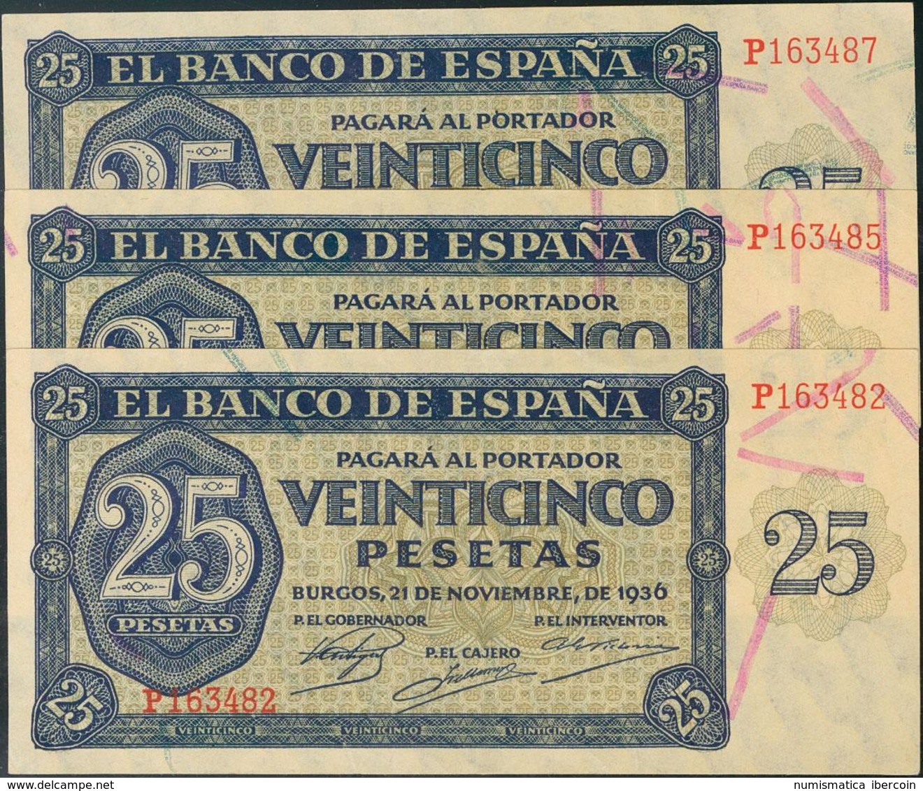 25 Pesetas. 21 De Noviembre De 1936. Banco De España, Burgos, Trío Casi Consecutivo. Serie P. Ondulados Verticalmente, F - Autres & Non Classés