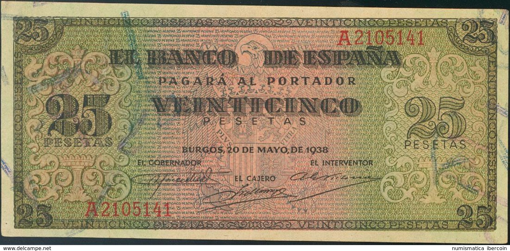 25 Pesetas. 20 De Mayo De 1938. Banco De España, Burgos. Serie A. (Invisible Doblez Vertical). (Edifil 2017: 430). EBC. - Otros & Sin Clasificación