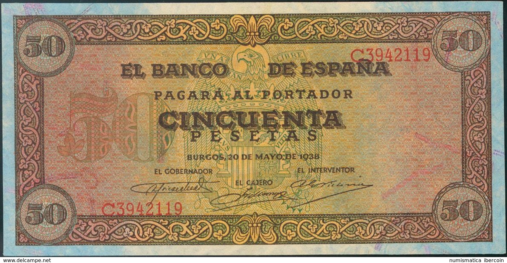 50 Pesetas. 20 De Mayo De 1938. Banco De España, Burgos. Serie C. (Invisible Doblez Vertical). (Edifil 2017: 431a). EBC. - Otros & Sin Clasificación