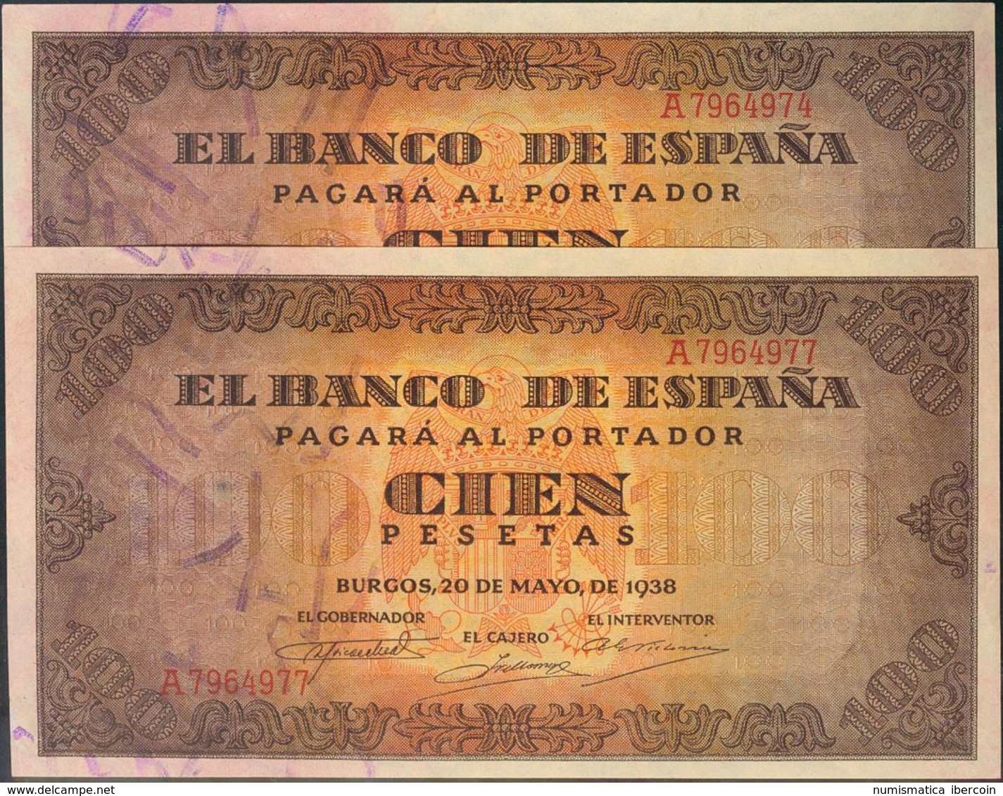 100 Pesetas. 20 De Mayo De 1938. Banco De España, Burgos, Pareja Casi Correlativa. Serie A. Apresto Original. (Edifil 20 - Autres & Non Classés