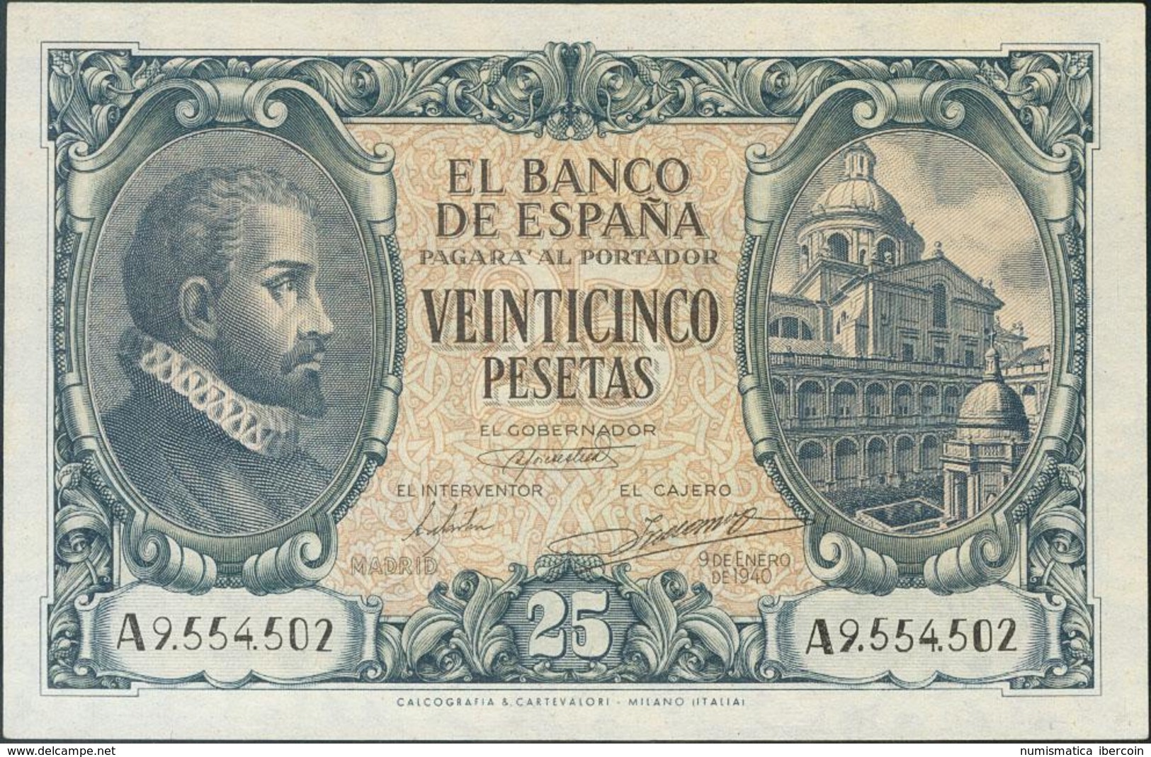 25 Pesetas. 9 De Enero De 1940. Serie A. (Invisible Doblez Vertical). (Edifil 2017: 436). EBC. - Andere & Zonder Classificatie