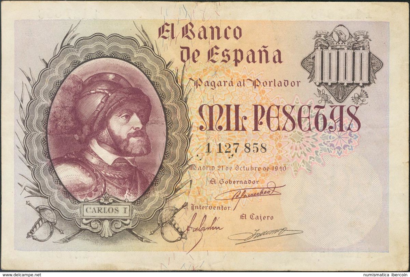 1000 Pesetas. 21 De Octubre De 1940. Sin Serie. (Edifil 2017: 445). Marquitas De Grapa Y Apresto Original. MBC-. - Andere & Zonder Classificatie