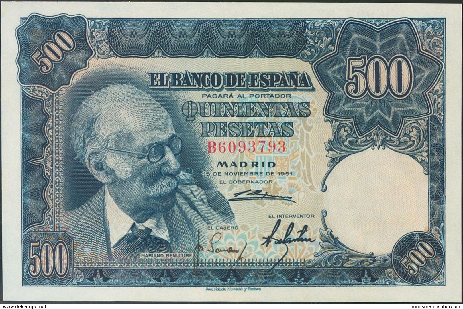 500 Pesetas. 15 De Noviembre De 1951. Serie B. (Apresto Original). (Edifil 2017: 460a). EBC. - Autres & Non Classés