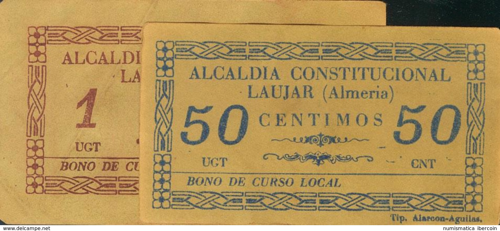LAUJAR (ALMERIA). 50 Céntimo Y 1 Peseta. (1936ca). Bono De Curso Legal UGT-CNT. Sin Serie. Rarísimos. BC+. - Otros & Sin Clasificación
