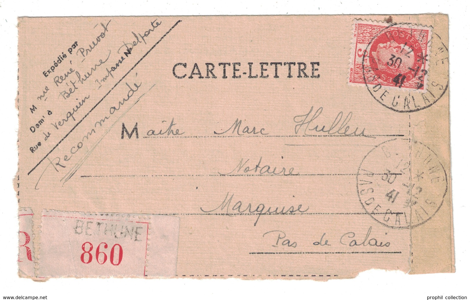 1941 - PETAIN 3F ORANGE SUEL Sur CARTE-LETTRE RECOMMANDÉE De BETHUNE PAS DE CALAIS Pour MARQUISE - 1921-1960: Modern Period