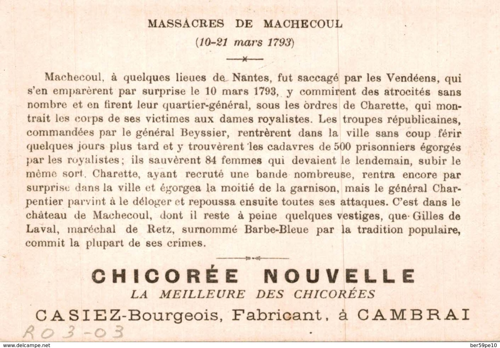 CHROMO CHICOREE NOUVELLE CASIEZ-BOURGEOIS  CAMBRAI  MASSACRES DE MARCHECOUL 10-21 MARS 1793 - Autres & Non Classés