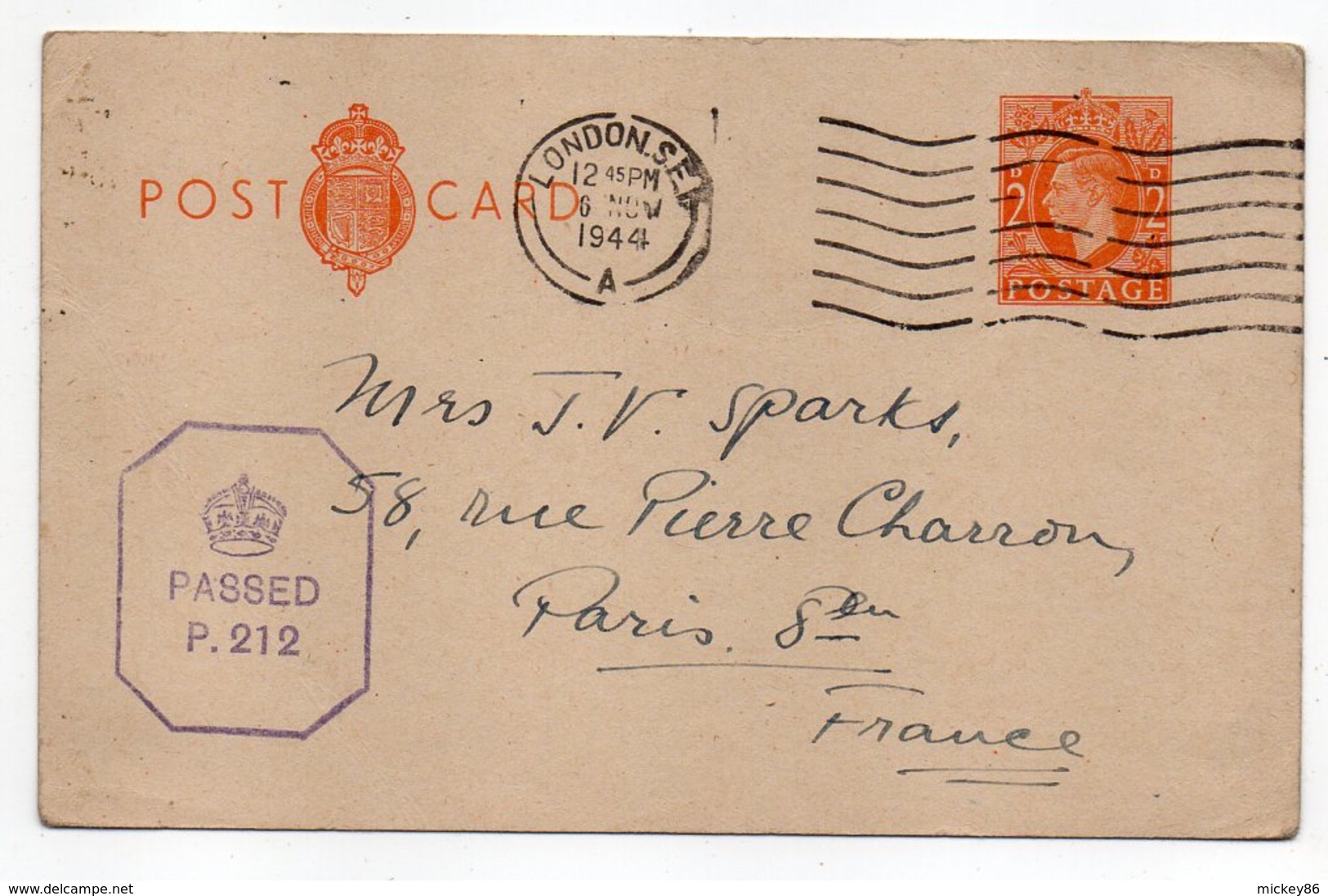 Grande-Bretagne--1944--entier Carte Postale Censurée PASSED  P.212 De Londres Pour PARIS (France) - Interi Postali