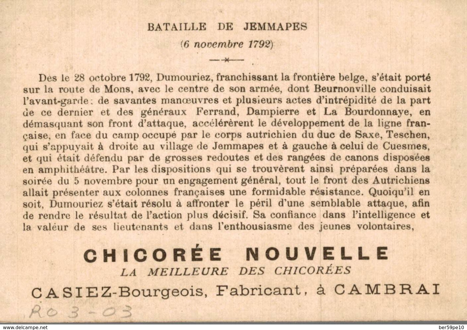 CHROMO CHICOREE NOUVELLE CASIEZ-BOURGEOIS  CAMBRAI DUMOURIEZ A JEMMAPES 6 NOVEMBRE 1792 - Autres & Non Classés