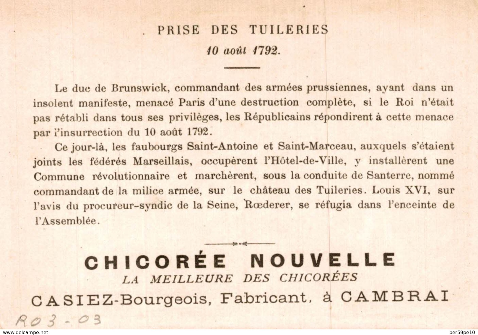 CHROMO CHICOREE NOUVELLE CASIEZ-BOURGEOIS  CAMBRAI  PRISE DES TUILERIES  10 AOUT 1792 - Autres & Non Classés