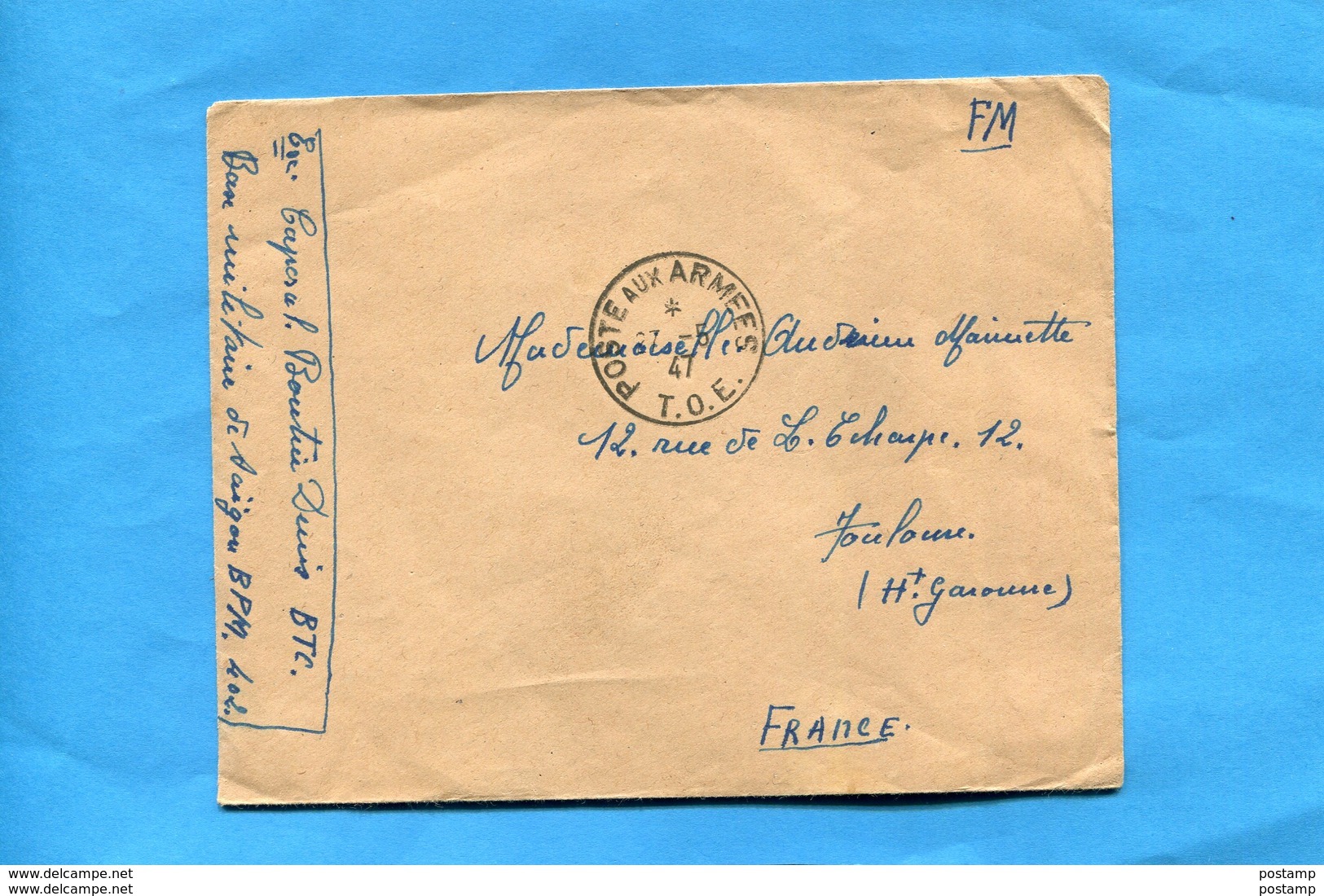 Marcophilie-guerre INDOCHINE -lettre F M --"cad Poste Aux Armées T O E- 1947-BMP 402 Saïgon Pour Françe - Guerre D'Indochine / Viêt-Nam