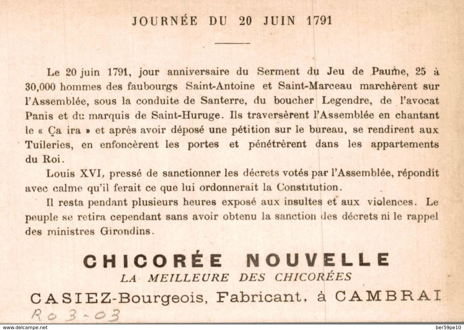 CHROMO CHICOREE NOUVELLE CASIEZ-BOURGEOIS  CAMBRAI  JOURNEE DU 20 JUIN 1791 - Autres & Non Classés