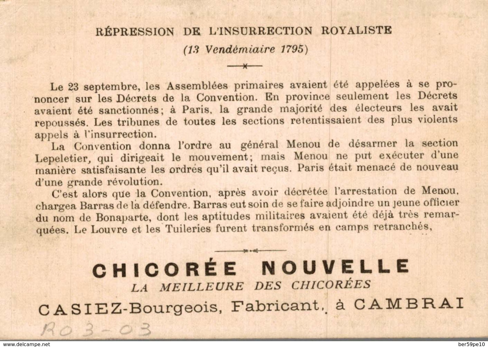 CHROMO CHICOREE NOUVELLE CASIEZ-BOURGEOIS  CAMBRAI JOURNEE DU 13 VENDEMIAIRE 1795 - Sonstige & Ohne Zuordnung