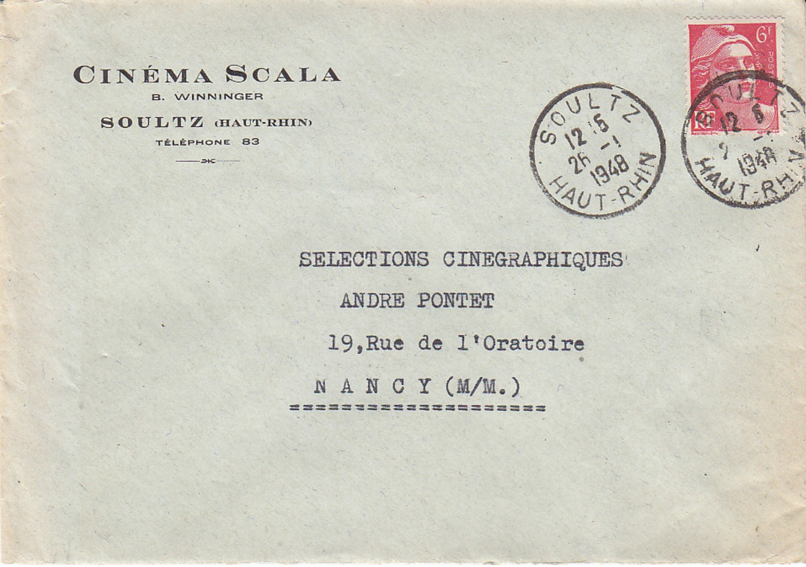 B. Winninger ,cinéma Scala à Soultz , Haut-Rhin  ,enveloppe De 1948 - 1900 – 1949