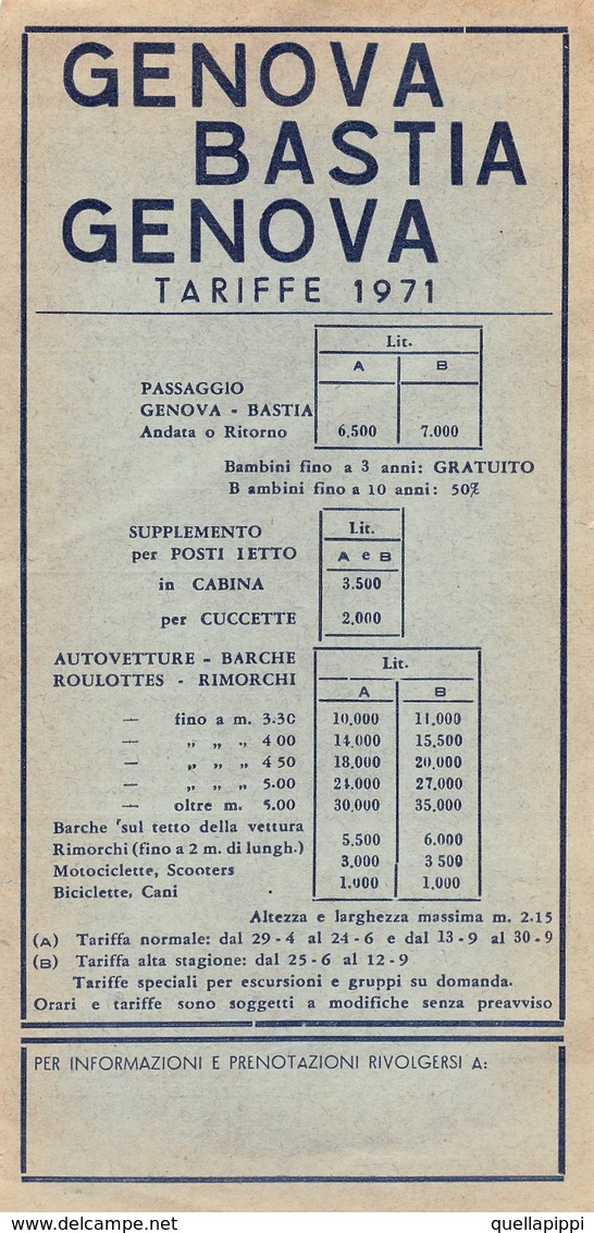 08849 "CORSICA LINE - GENOVA-BASTIA-GENOVA A/R - ORARI 1971" - Europa