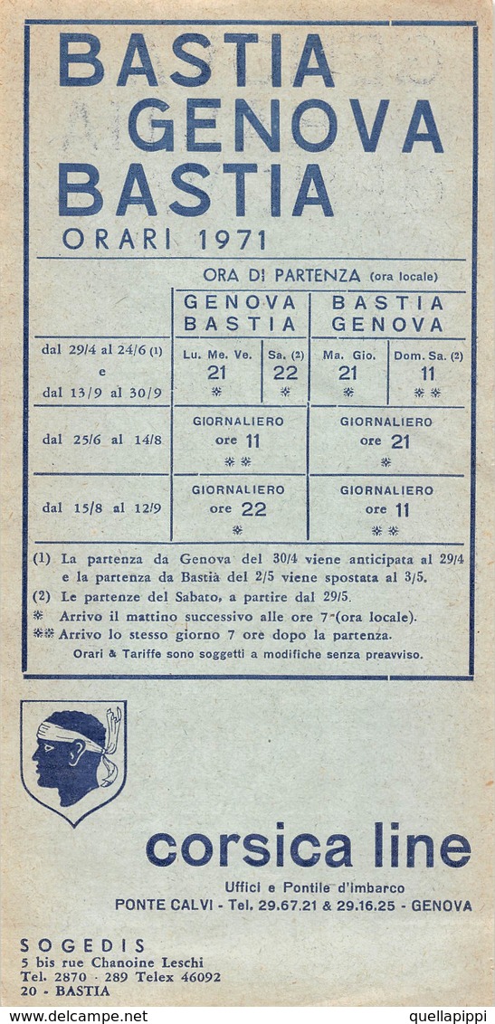 08849 "CORSICA LINE - GENOVA-BASTIA-GENOVA A/R - ORARI 1971" - Europa