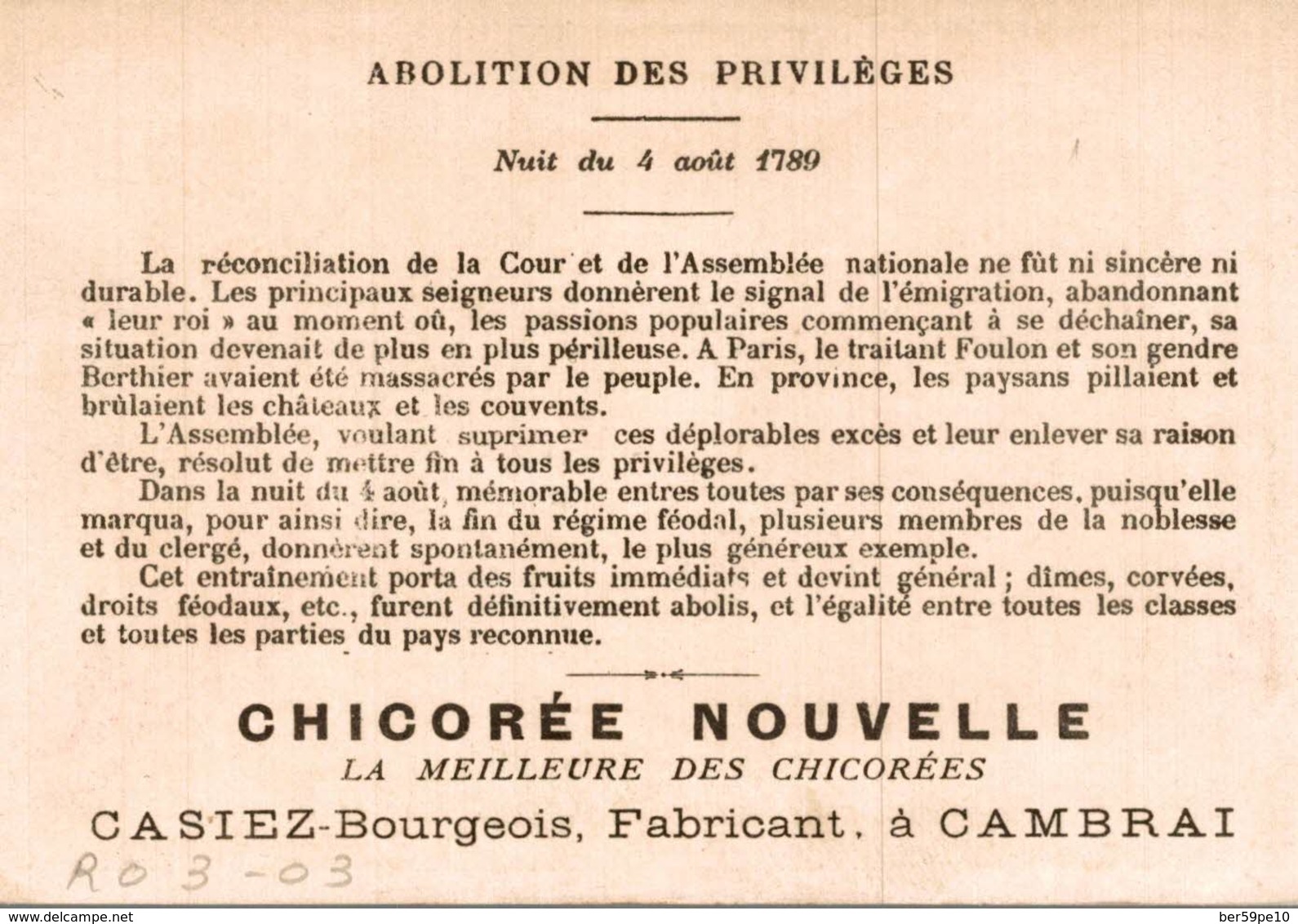 CHROMO CHICOREE NOUVELLE CASIEZ-BOURGEOIS  CAMBRAI  ABOLITION DES PRIVILEGES NUIT DU 4 AOUT 1789 - Autres & Non Classés