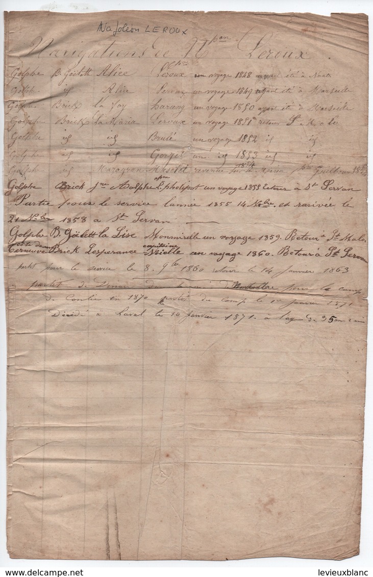 Archives/Noms Des Navires(+ Voyages, Capitaines)Navigations De Napoléon LEROUX/Saint Malo/Saint Servan /1871       MAR81 - Otros & Sin Clasificación