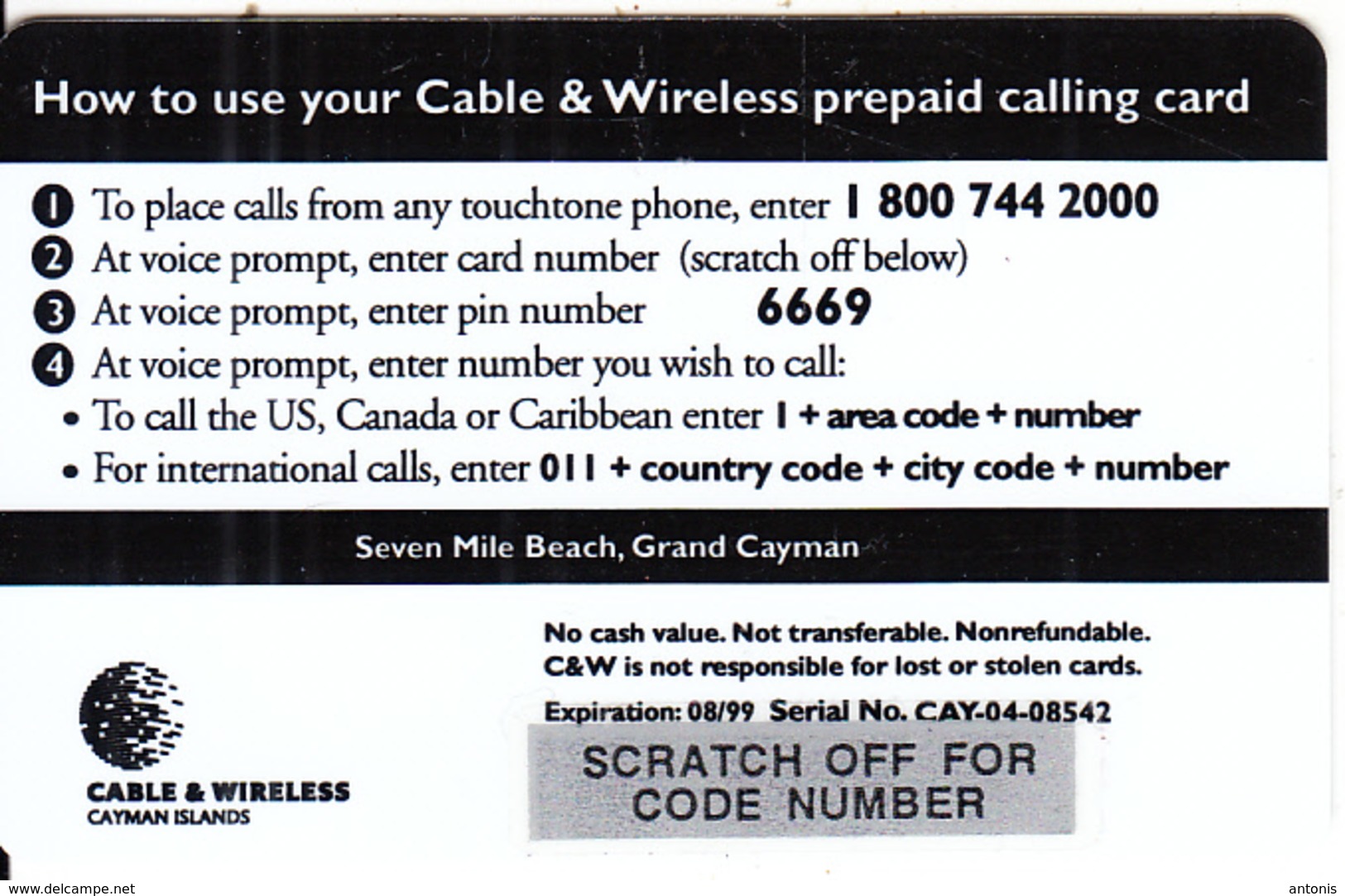 CAYMAN ISL. - Seven Mile Beach, Cable & Wireless Prepaid Card US$10/CI$8, CN : CAY-04, Tirage 50, Exp.date 08/99, Mint - Kaimaninseln (Cayman I.)