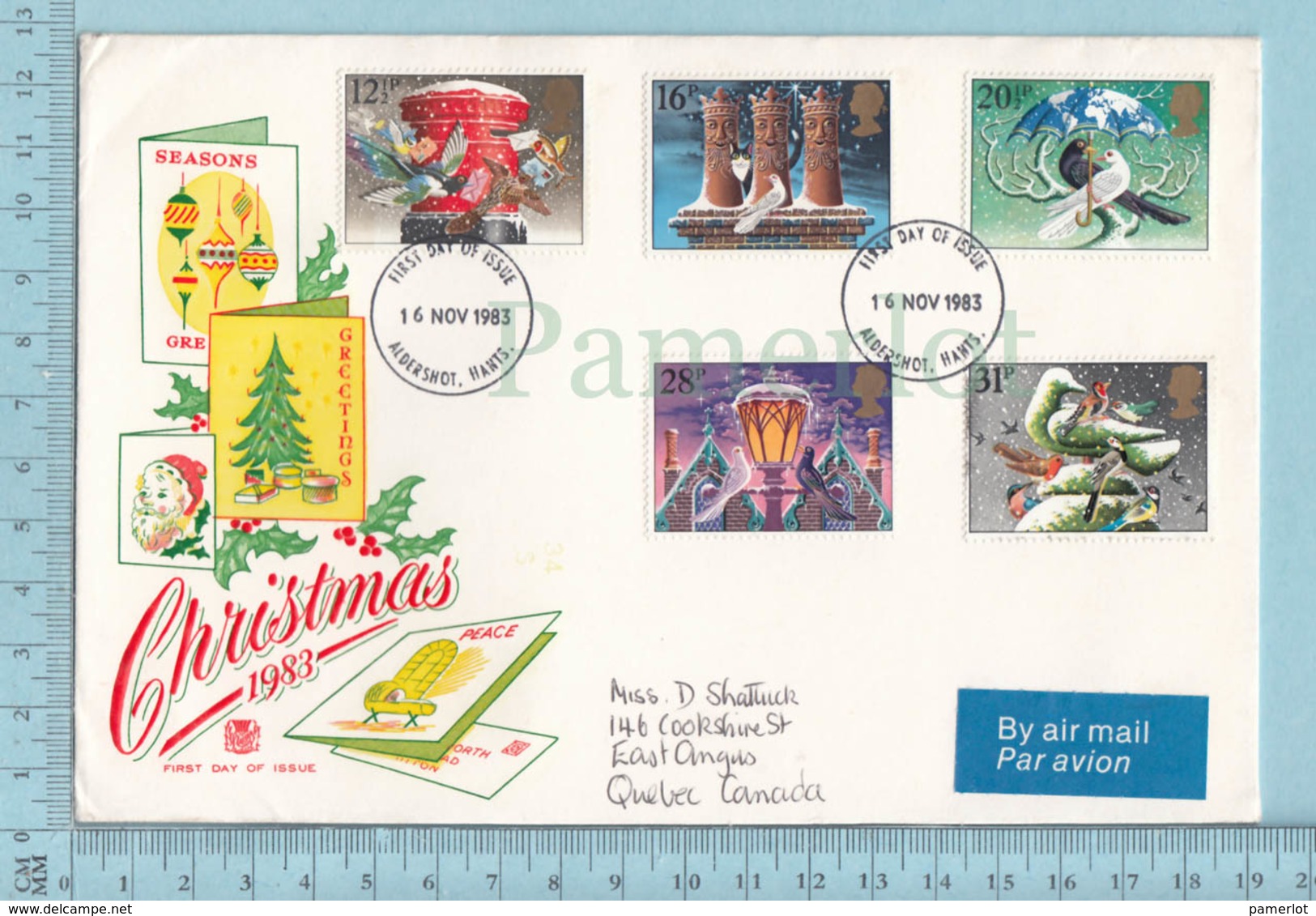 GB - FDC PPJ, 1984 , 5 Stamps, Flame: Christmans 1983, Send To Canada Viai Air - Noël