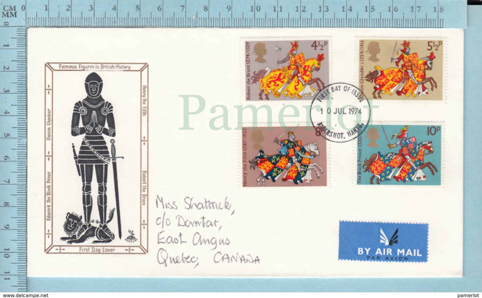 GB - FDC PPJ, 1974 , 4 Stamps, Flame: Famus Figures In British History, Send To Canada Viai Air - Militaria
