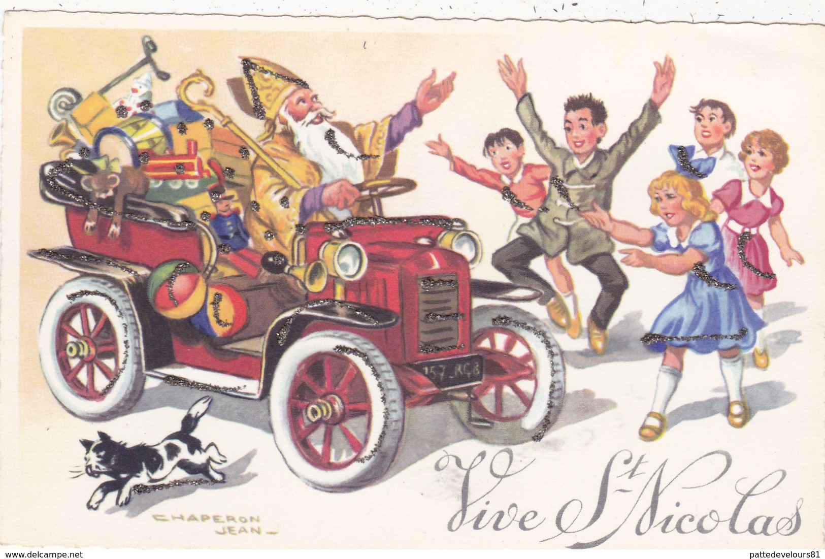 CPSM Avec Paillettes Vive St Nicolas Santa Claus Enfants Heureux Voiture Tacot Cadeau Illustrateur J. CHAPERON N° 1701 - Chaperon, Jean