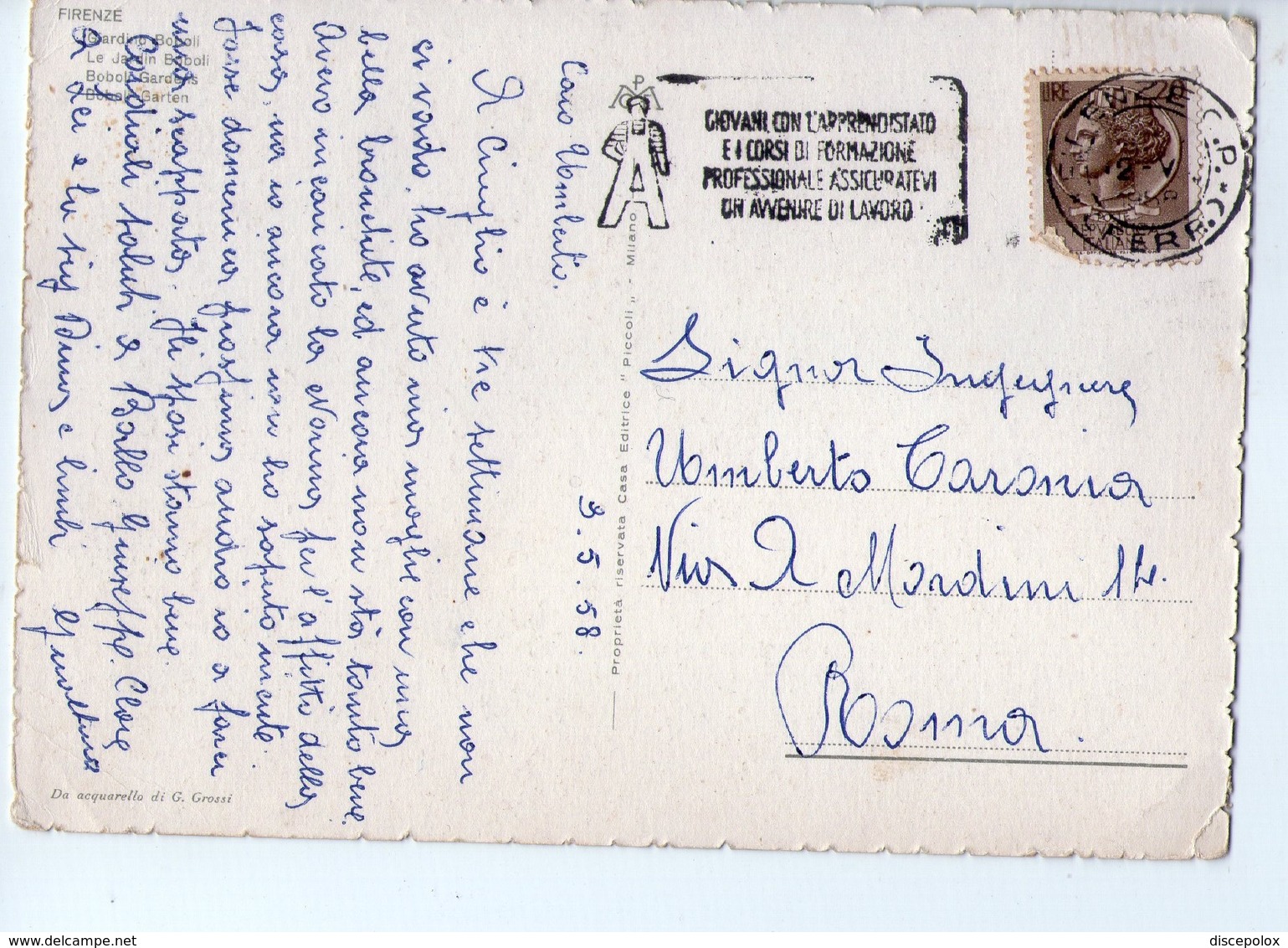 U3741 Targhetta APPRENDISTATO 1958 Su Cartolina  Acquerello Di Grassi: FIRENZE - Storia Postal,e Aquarell, Aquarelle, - 1946-60: Storia Postale