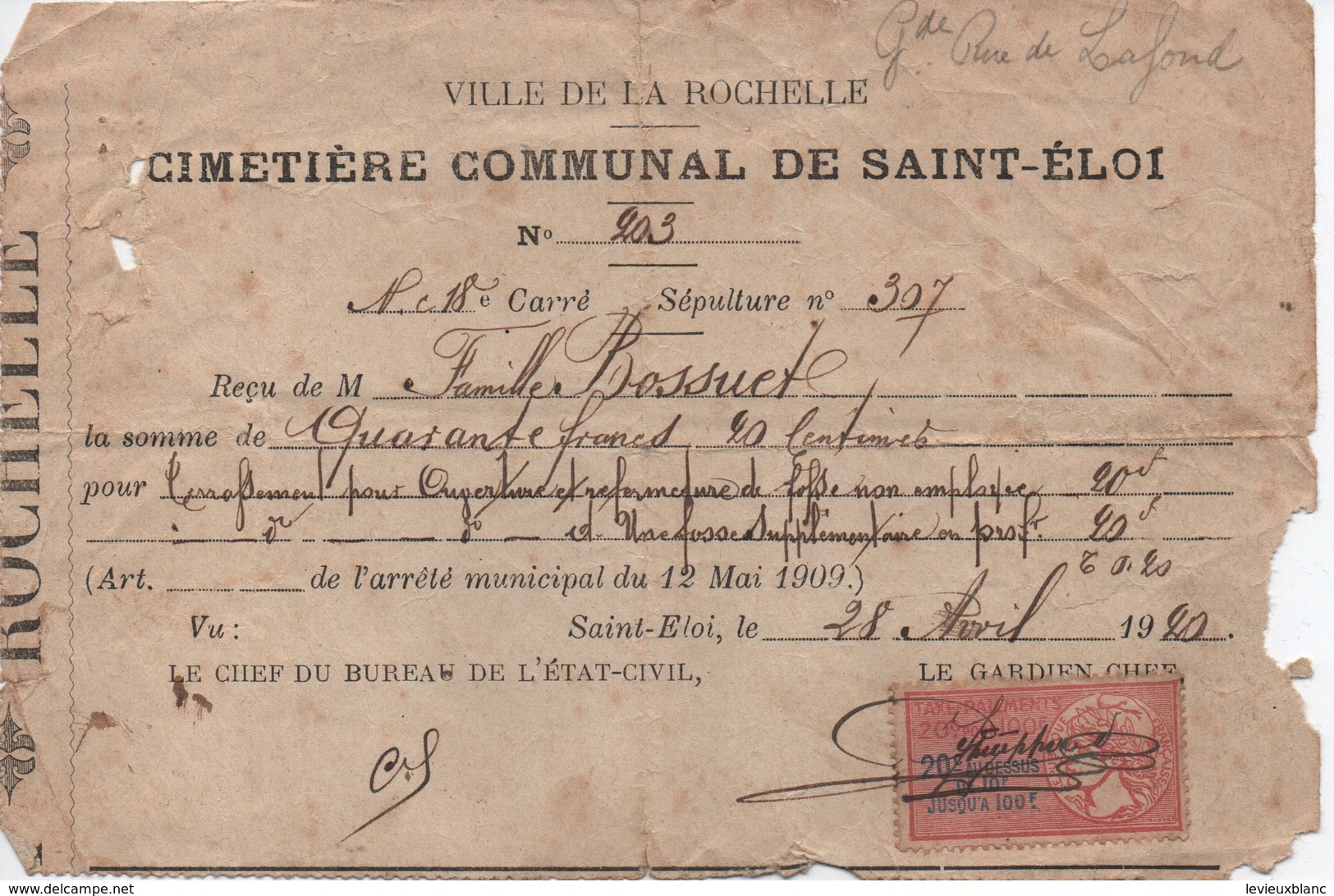 Reçu De Paiement / Cimetiére Communal De Saint-Eloi/ Famille Bossuet/ Ville De La ROCHELLE/ /1920     AEC156 - Autres & Non Classés