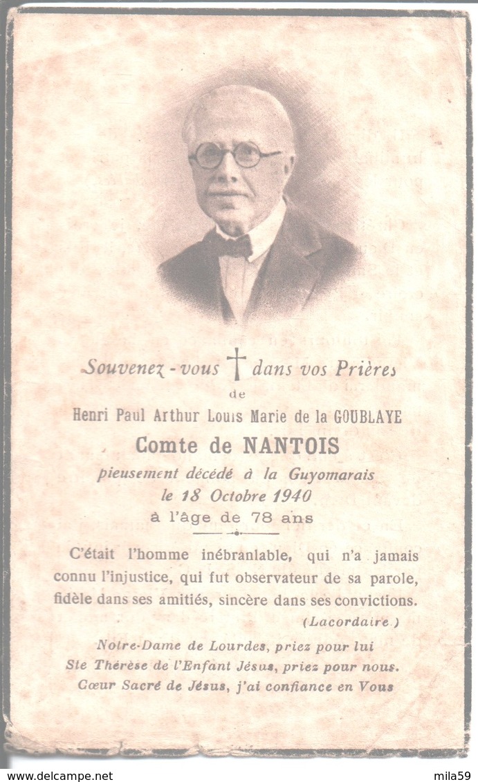 Souvenir De Henri Paul Arthur Louis Marie De La Goublaye, Comte De Nantois. Décédé à La Guyomarais Le 18 Octobre  1940. - Religion & Esotérisme