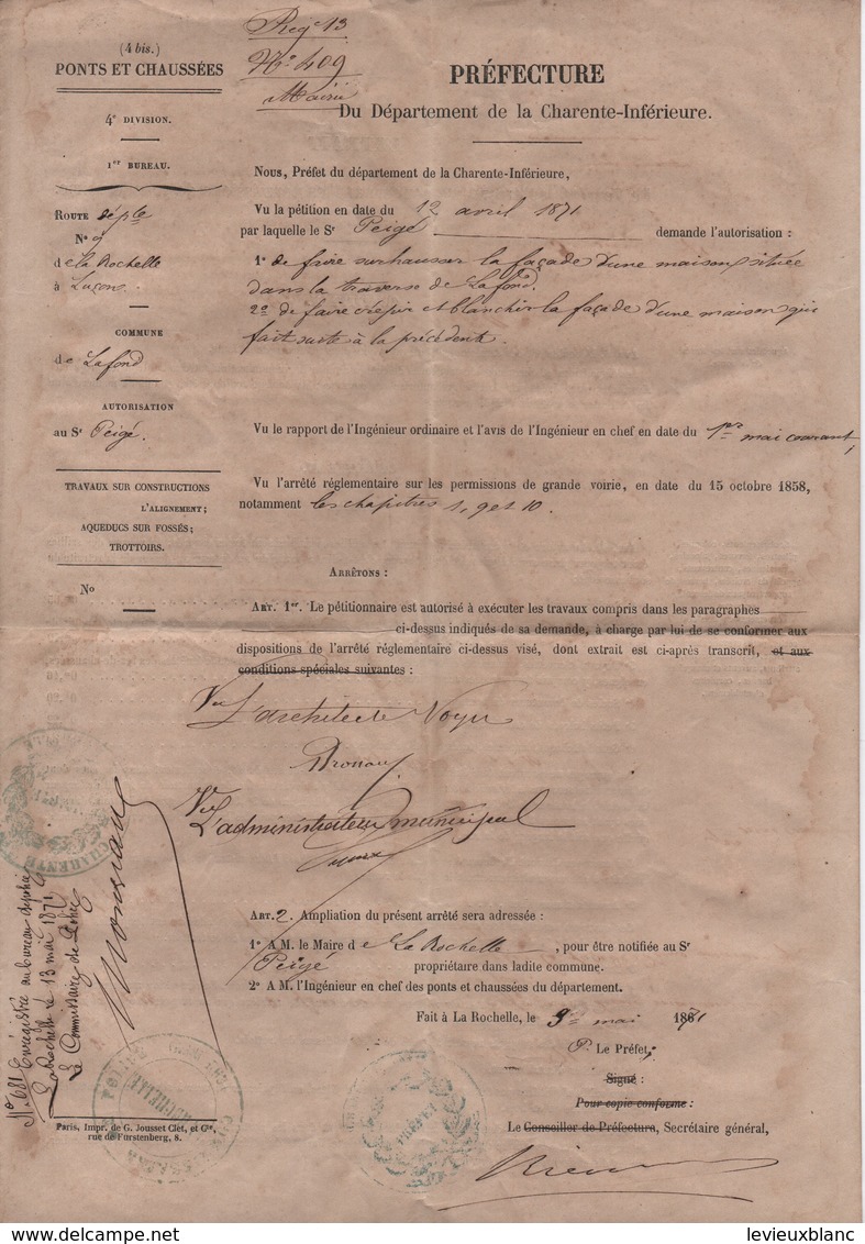 Autorisation D'exécution De Travaux /Département De La Charente Inférieure/La ROCHELLE/1871     AEC157 - Autres & Non Classés