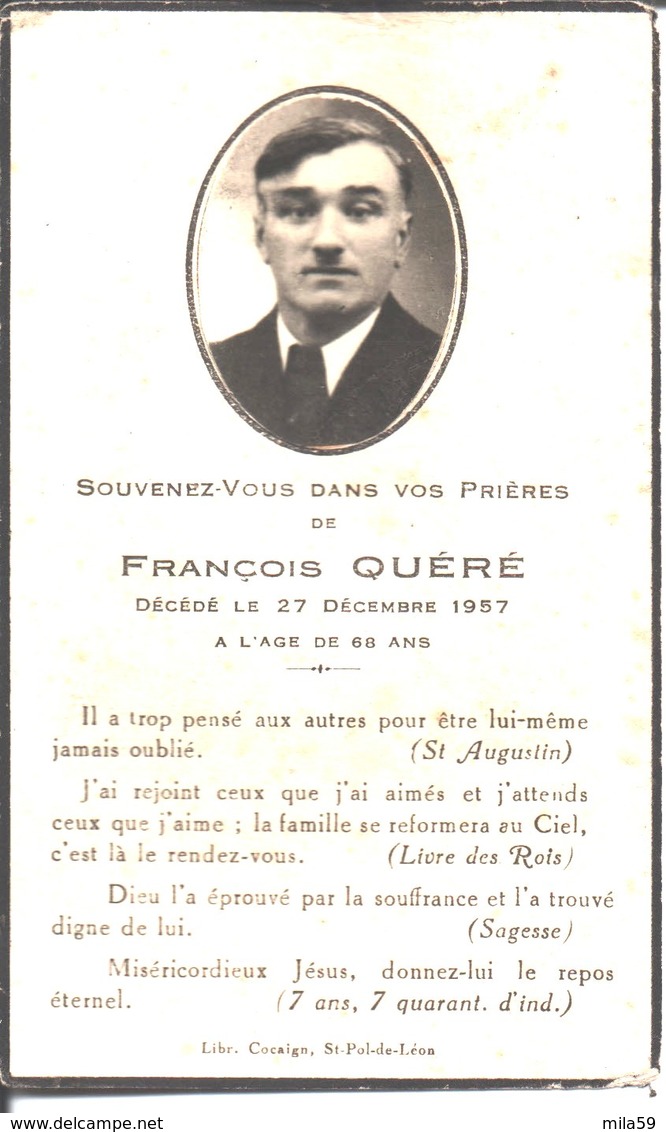 Souvenir De François Quéré. Décédé Le 27 Décembre 1957. Impr Saint Pol De Léon. - Religion & Esotérisme