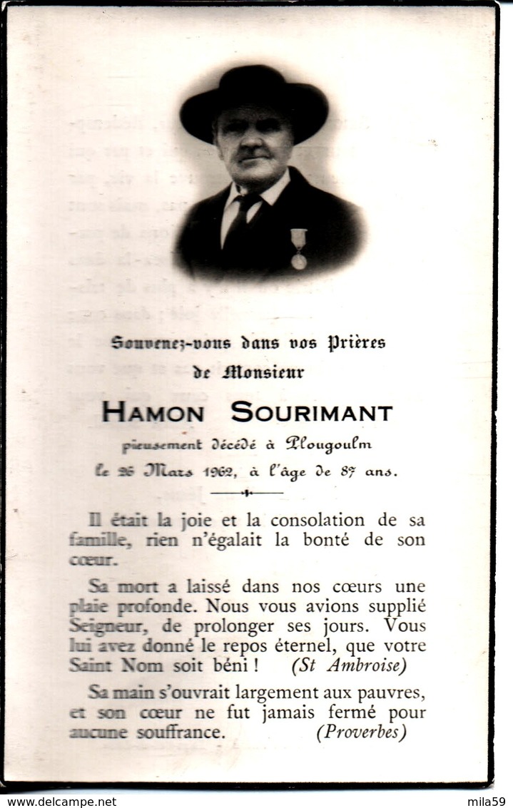 Souvenir Hamon Sourimant. Décédé à Plougoulm Le 26 Mars 1962. Conseiller Paroissial. Mérite Diocésain. - Religion & Esotérisme