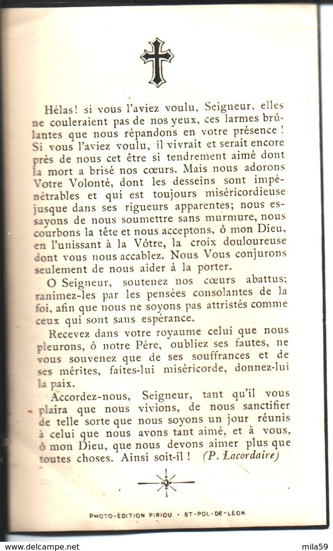 Souvenir De Monsieur Auguste Le Bras. Décédé Le 4 Juin 1956. Photo Piriou Saint Pol De Léon. - Religion & Esotérisme