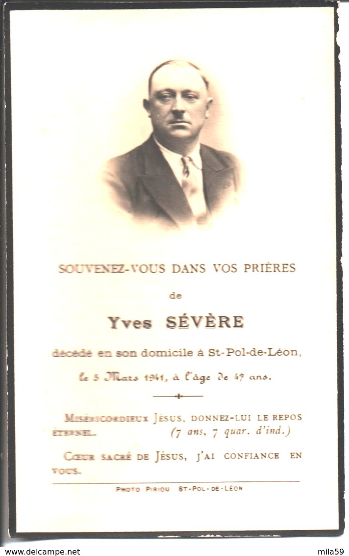 Souvenir De Yves Sévère Hôtelier, Rue Du Cadiou Ancien Combattant 14-18 Décédé à Saint Pol De Léon Le 5 Mars 1941. - Religione & Esoterismo