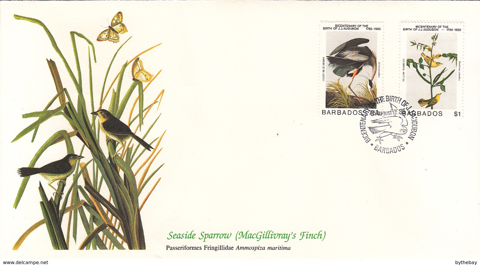 Barbados 1985 FDC Scott #667, #668 Great Blue Heron, Yellow Warbler Audubon Birds - Barbados (1966-...)