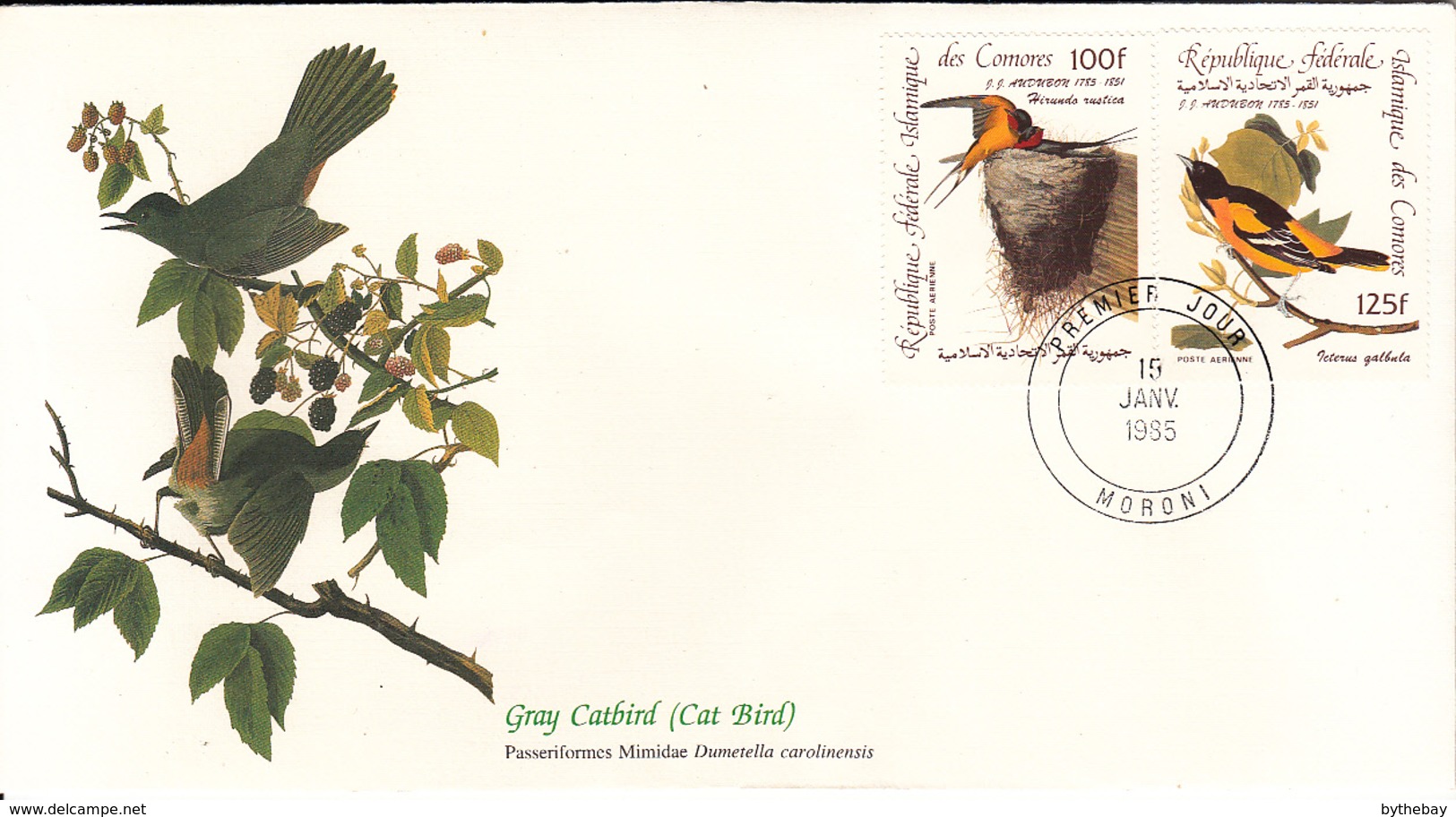 Comoro Islands 1985 FDC Scott #C139, #C140 Barn Swallow, Baltimore Oriole Audubon Birds - Komoren (1975-...)